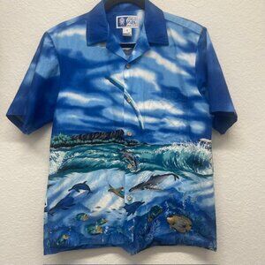 Vintage RJC Hawaiian Whale Shirt 100% Cotton Small Surf Ocean Made in Hawaii USA